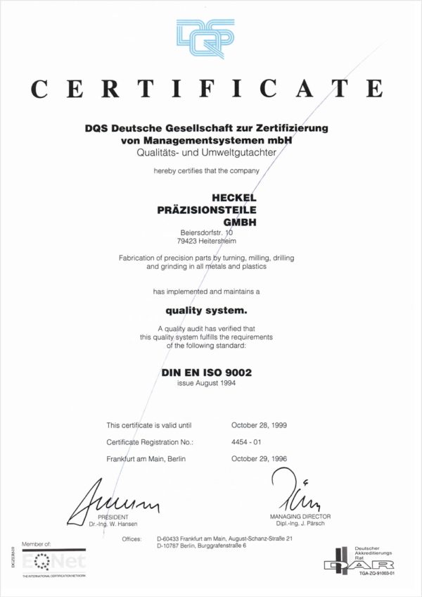 Qualität DIN ISO 9002 bei Heckel Präzisionsteile